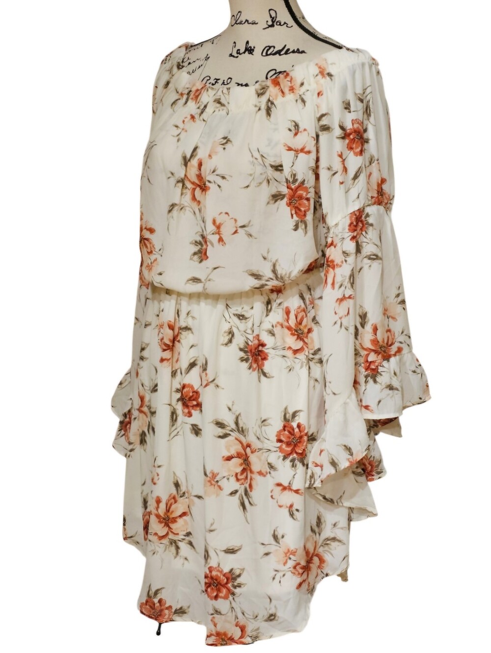 Bear Fruitt Off-Shoulder Floral Mini Dress in Cream with Rust Floral Print - Picture 3 of 7